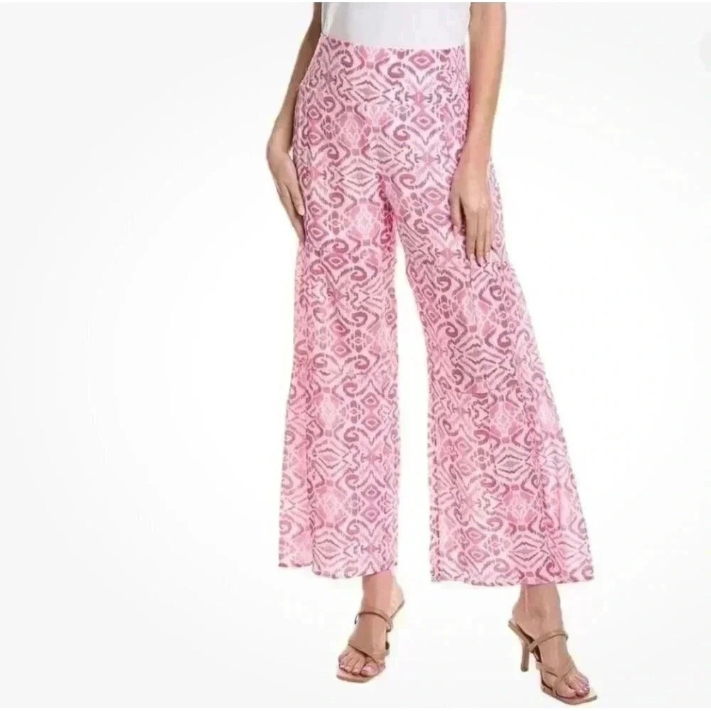 Nanette Lepore Tiered Wide Leg Pants S Pink Ikat Boho Smocked Waist Summer